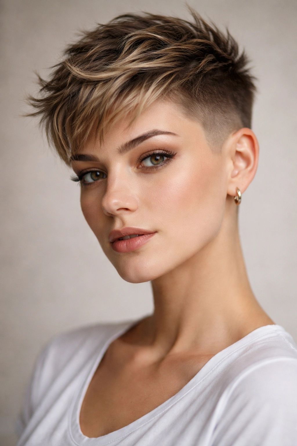 Close-up of a woman with a textured pixie and high fade, emphasizing choppy top layers and shaved sides