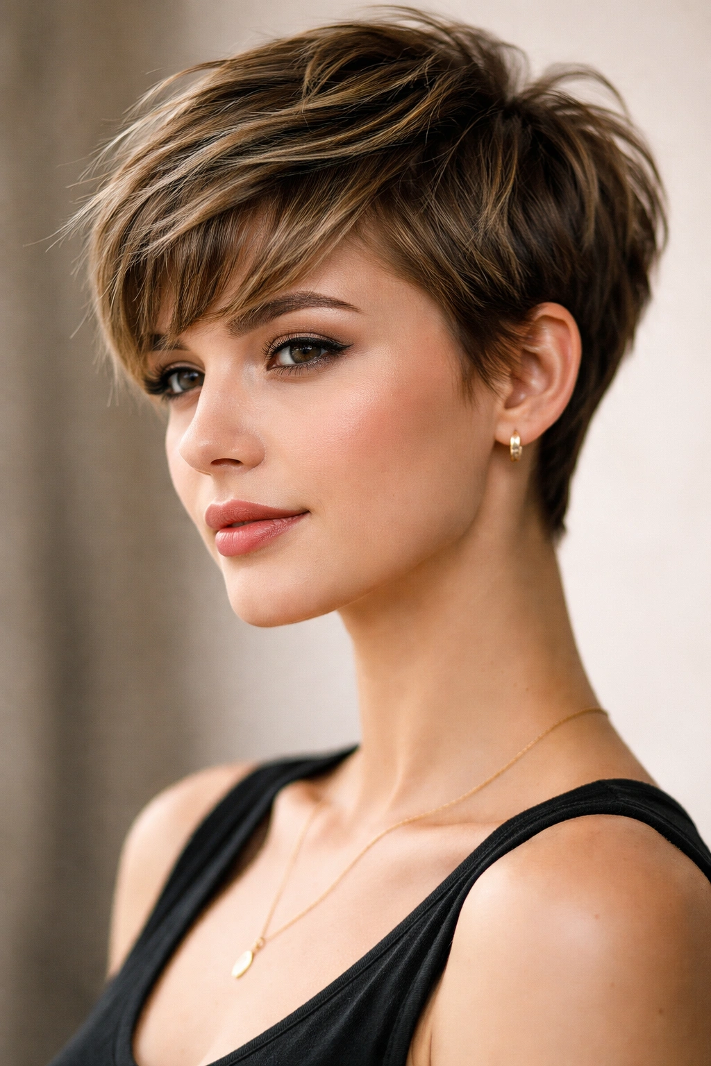 Close-up portrait of a model with a classic pixie featuring textured layers and a longer crown