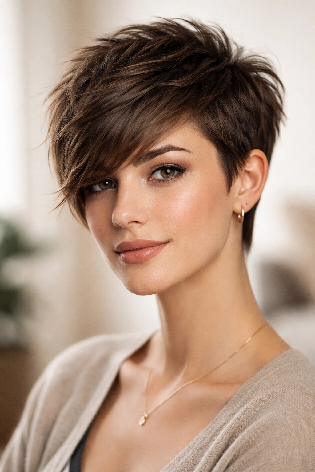 Front view of a textured pixie with side-swept bangs showing volume and asymmetry
