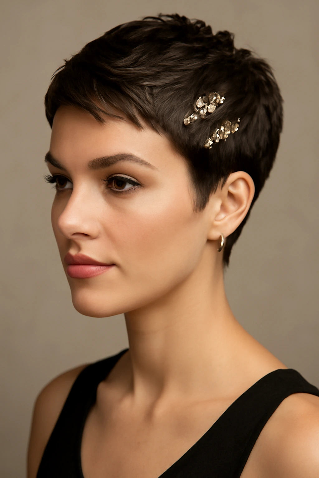 Close-up portrait of a textured pixie with metallic hair accents in studio lighting.