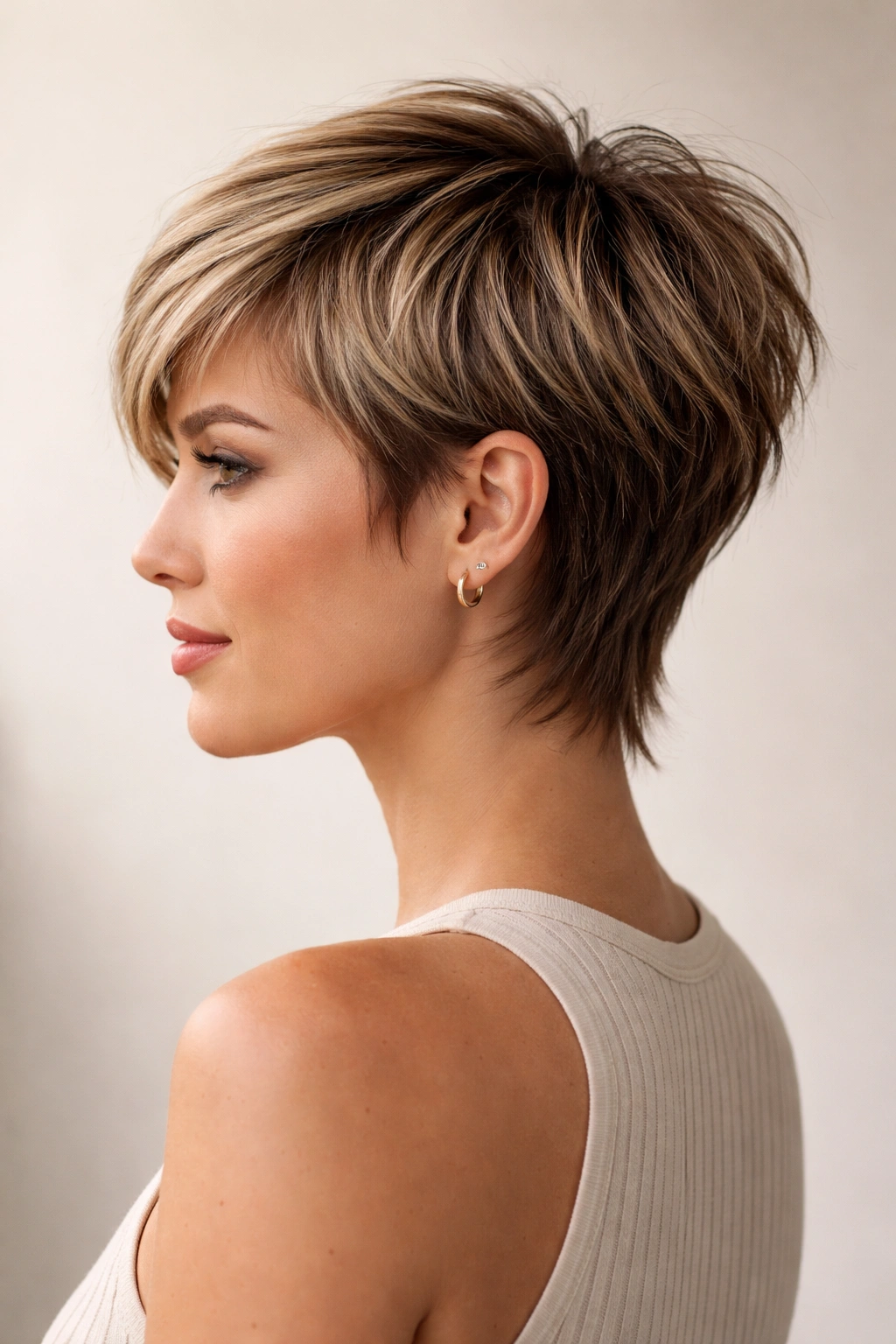 Hair with a short crown and longer underlayers forming a long pixie hybrid