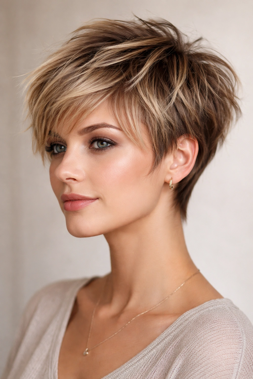 Close-up of a choppy layered pixie cut highlighting texture and movement