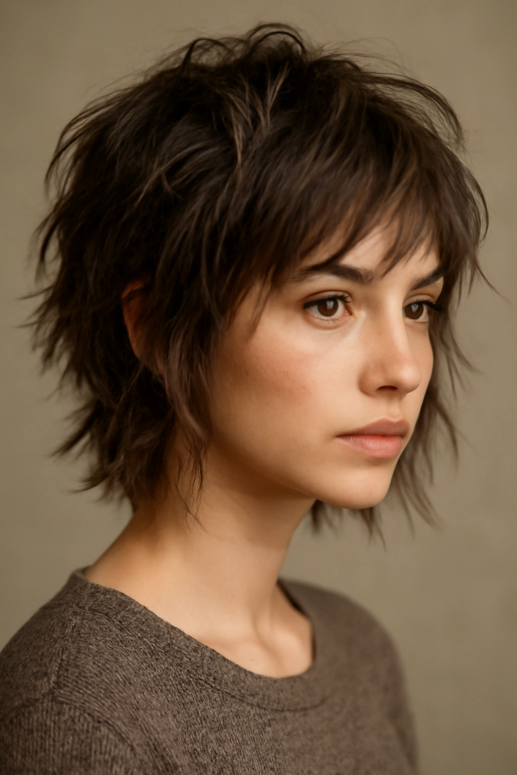Textured messy pixie-lob hybrid with choppy layers