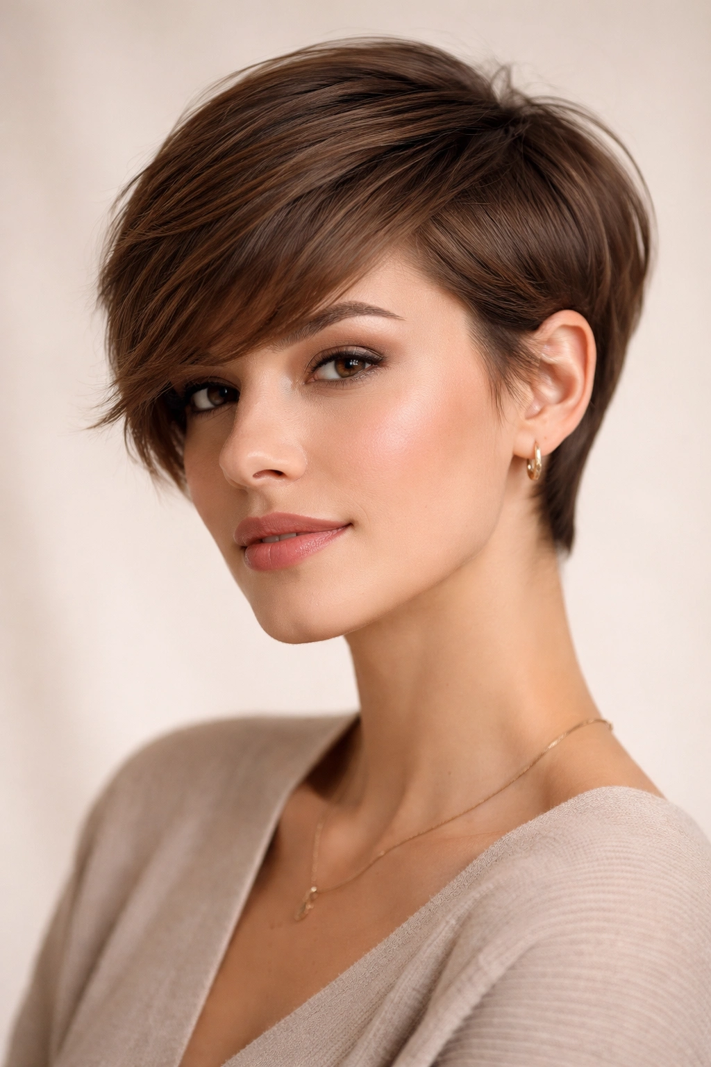 Close-up portrait of classic long pixie with side-swept bangs, featuring tapered back and top sweep.