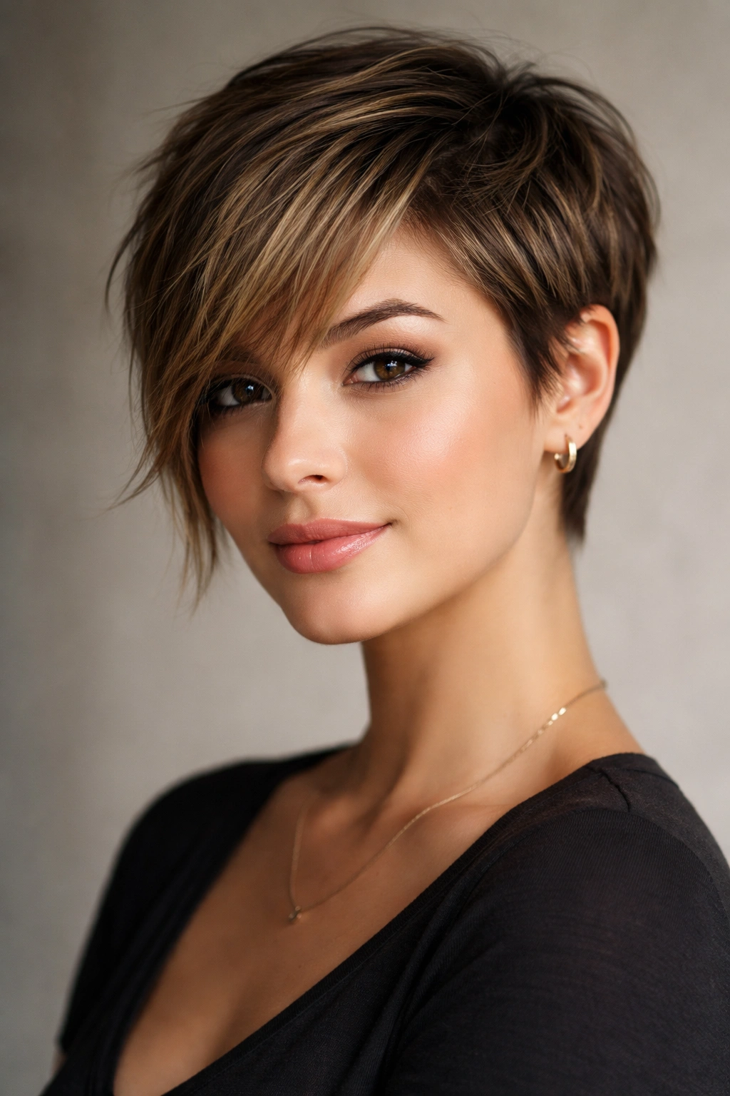 Pixie with longer front fringe framing the face.
