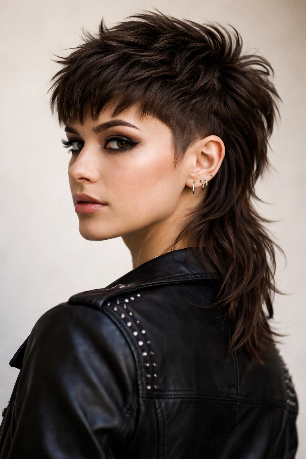 Head-and-shoulders portrait of pixie mullet with very short top and long back