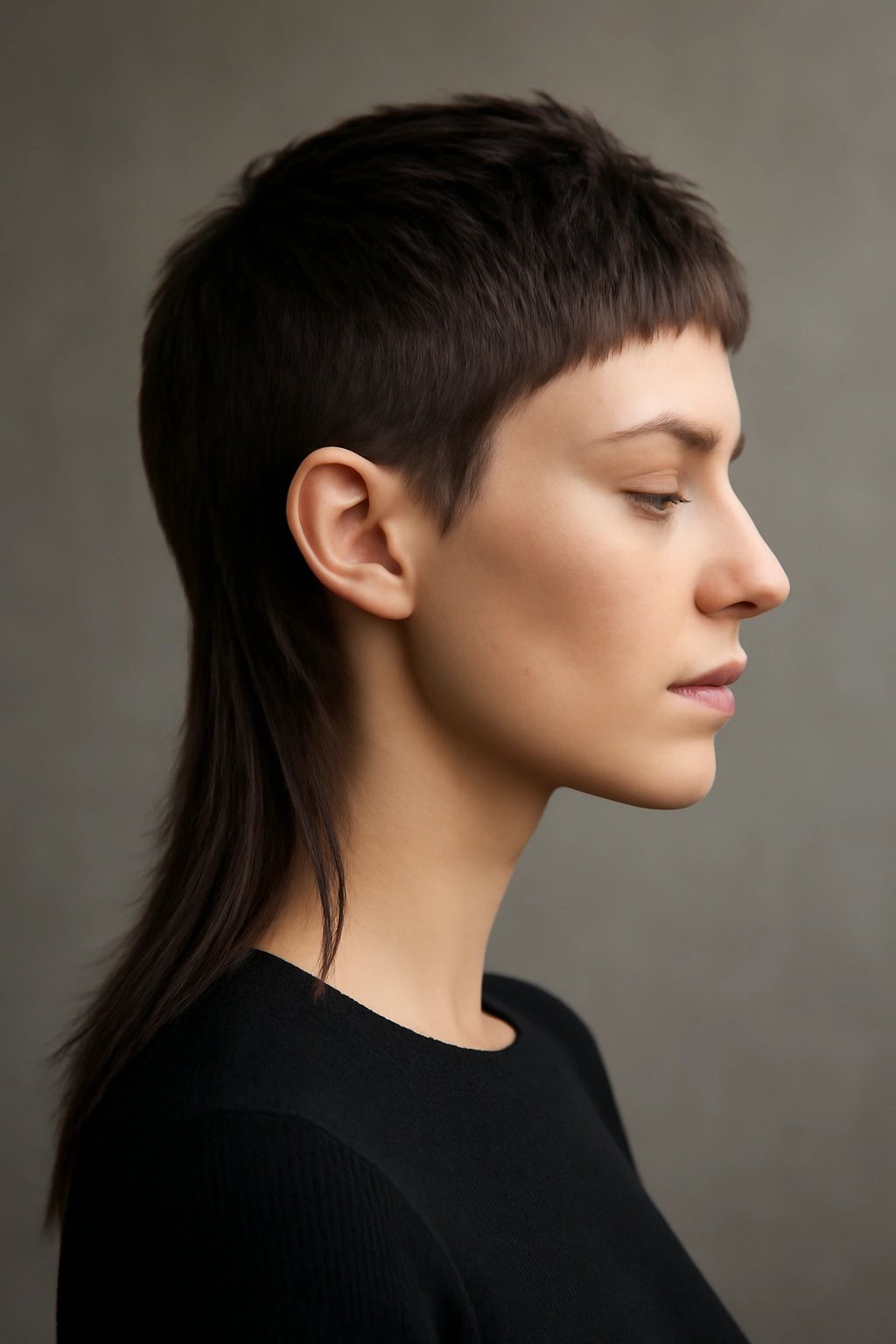 Pixie mullet hybrid with short top and dramatic long back portrait