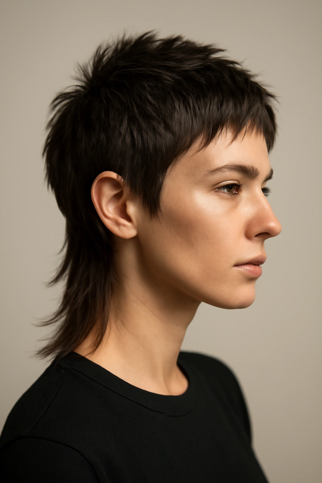 Portrait of a person with a pixie-mullet hybrid showing short top and a long back
