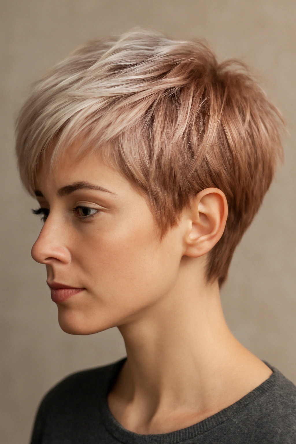 Layered pixie with platinum and rose gold contrasts