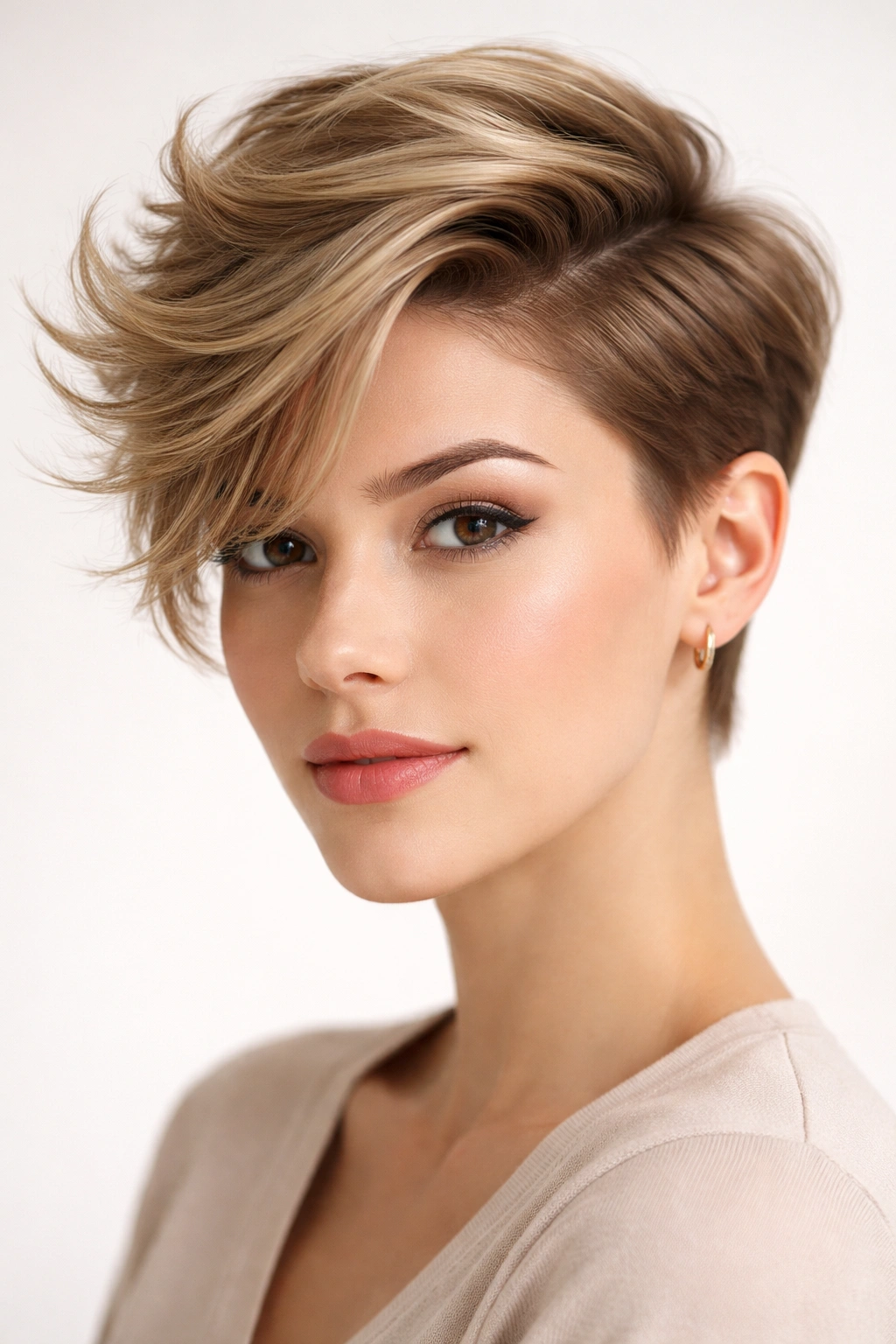 Pixie-quiff hybrid hairstyle with a side-swept top and defined volume.