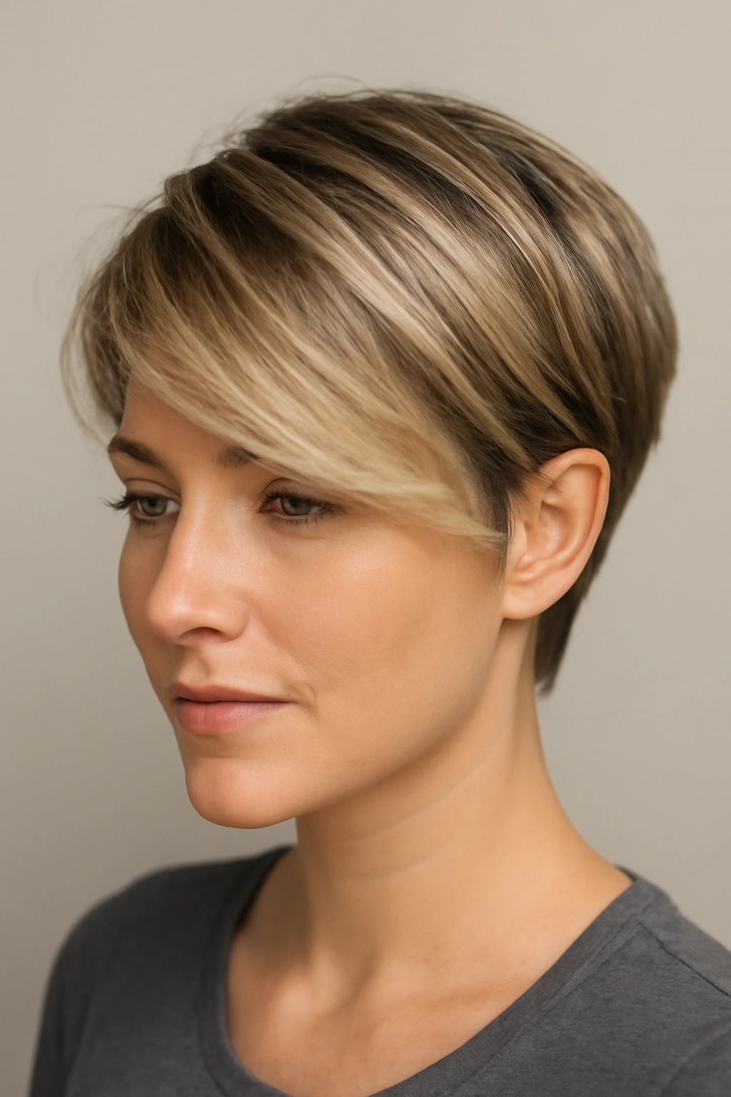 Close-up of a side-swept pixie with rooted blonde and dark roots showing color transition