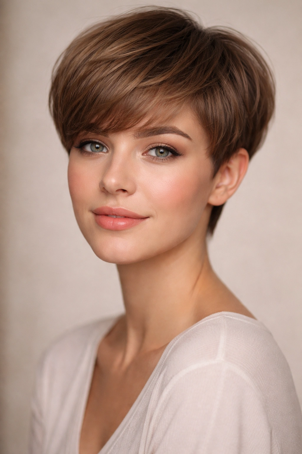 Rounded pixie hairstyle with fuller top and soft curves