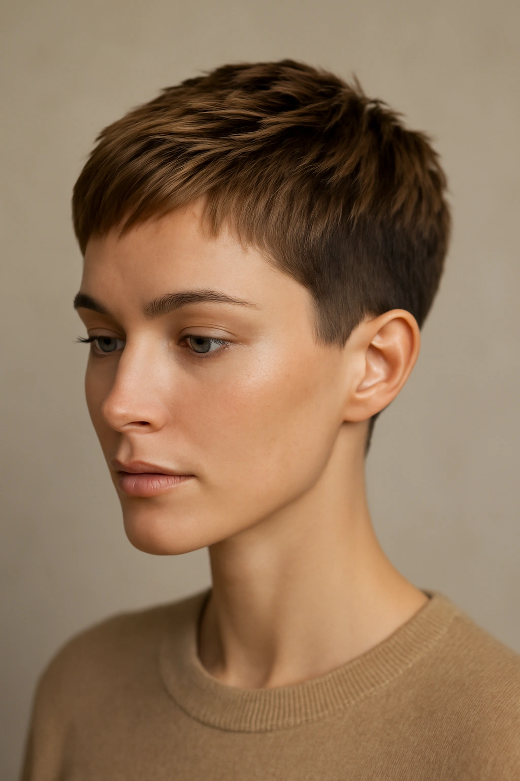Ultra-short pixie with shadow root and caramel coloration