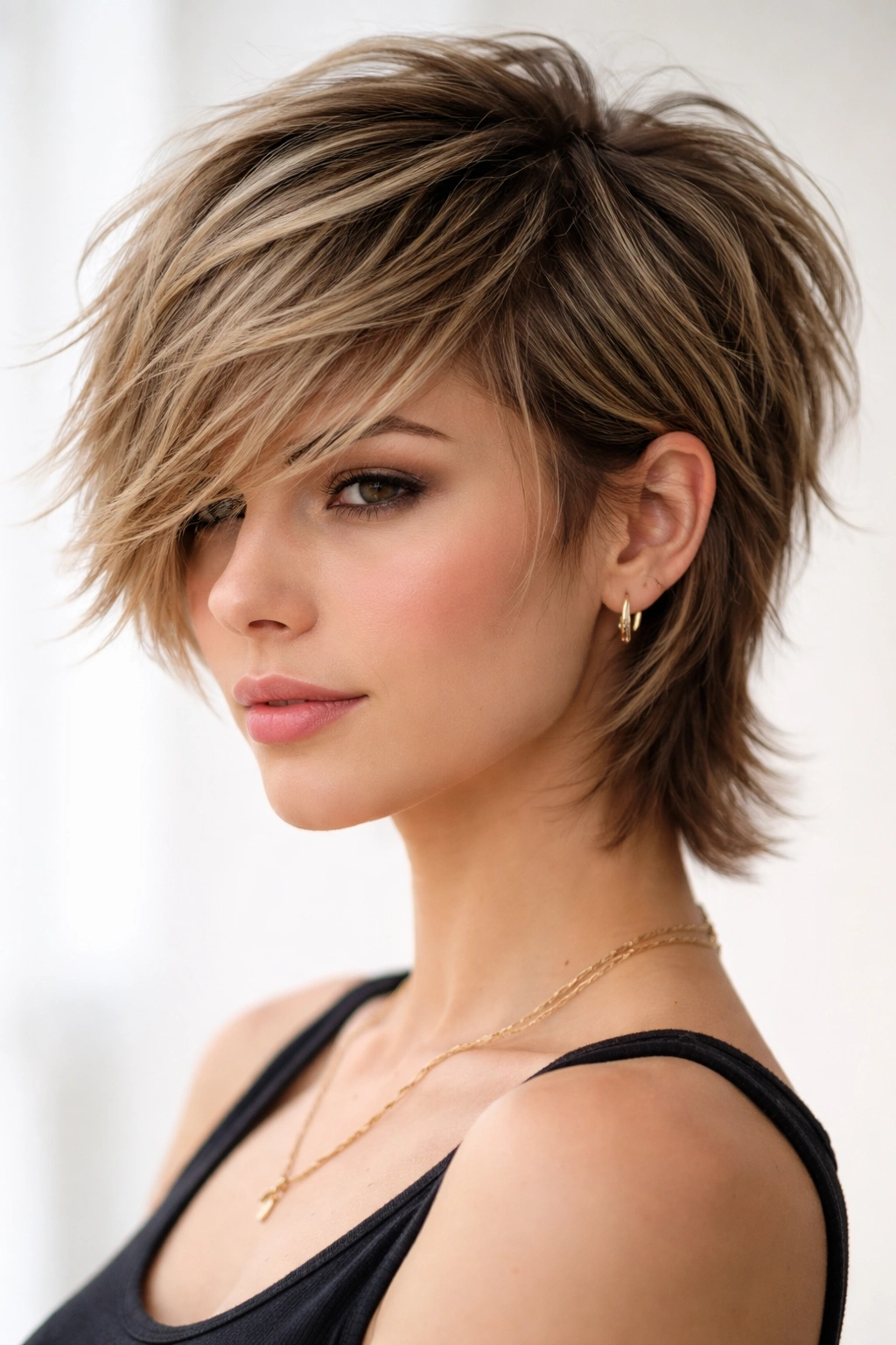 Close-up of The Pixie-Shag Hybrid with Feathered Side Sweep showing short crown and longer back