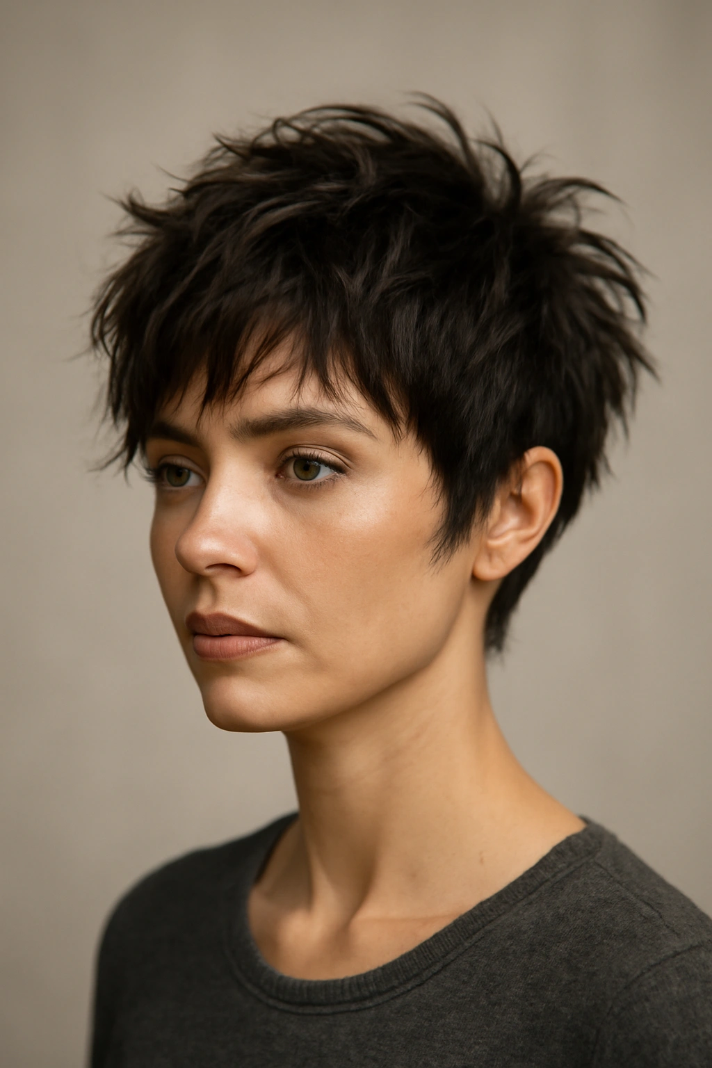 Close-up of textured pixie shag with layered top and tapered sides.