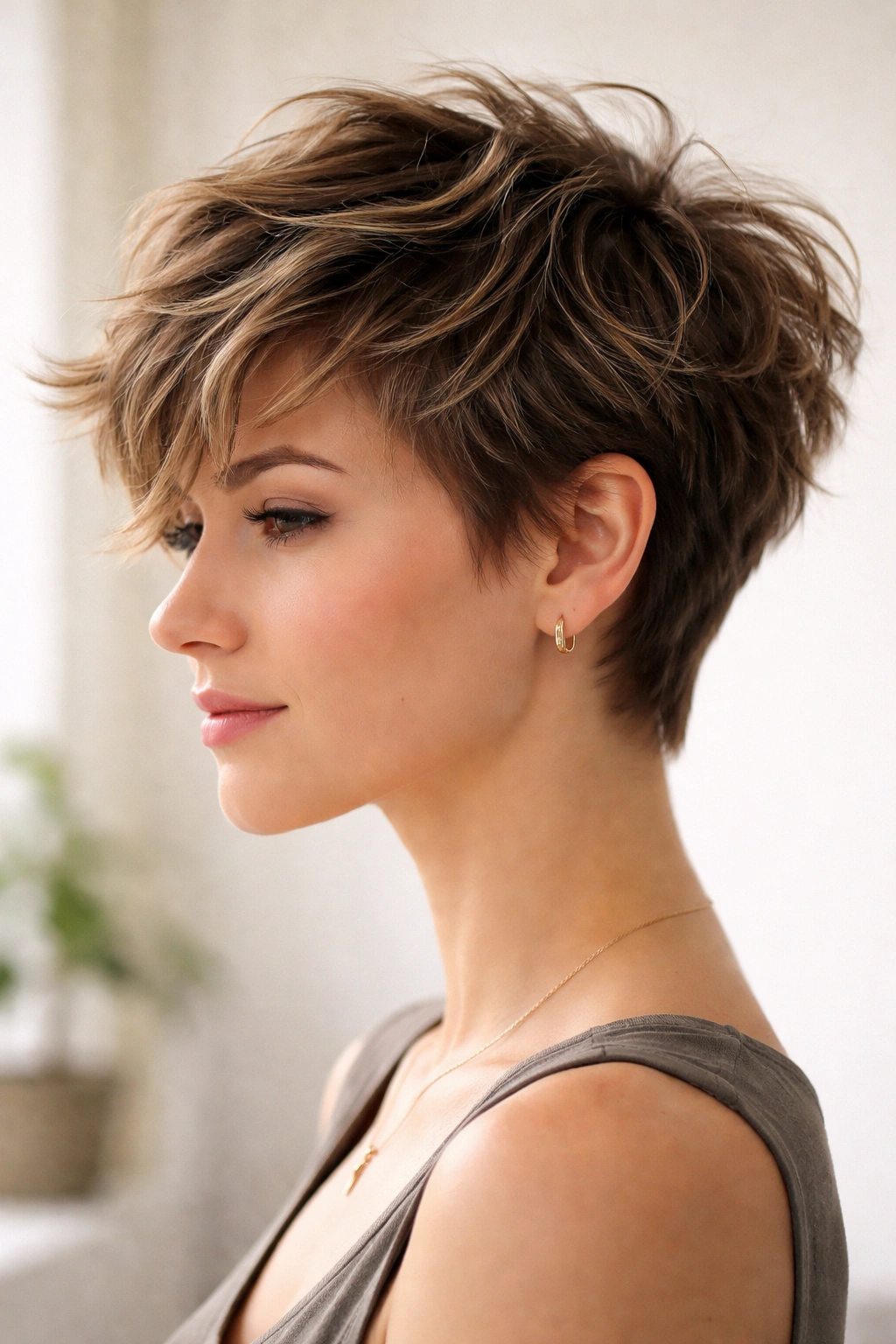 Side profile of a model with a pixie shag hybrid hairstyle featuring a long textured top.