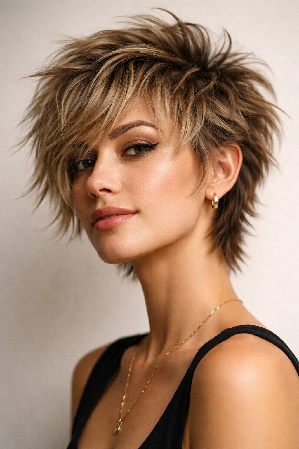 Close-up portrait of a textured pixie shag hybrid with short crown and layered sides