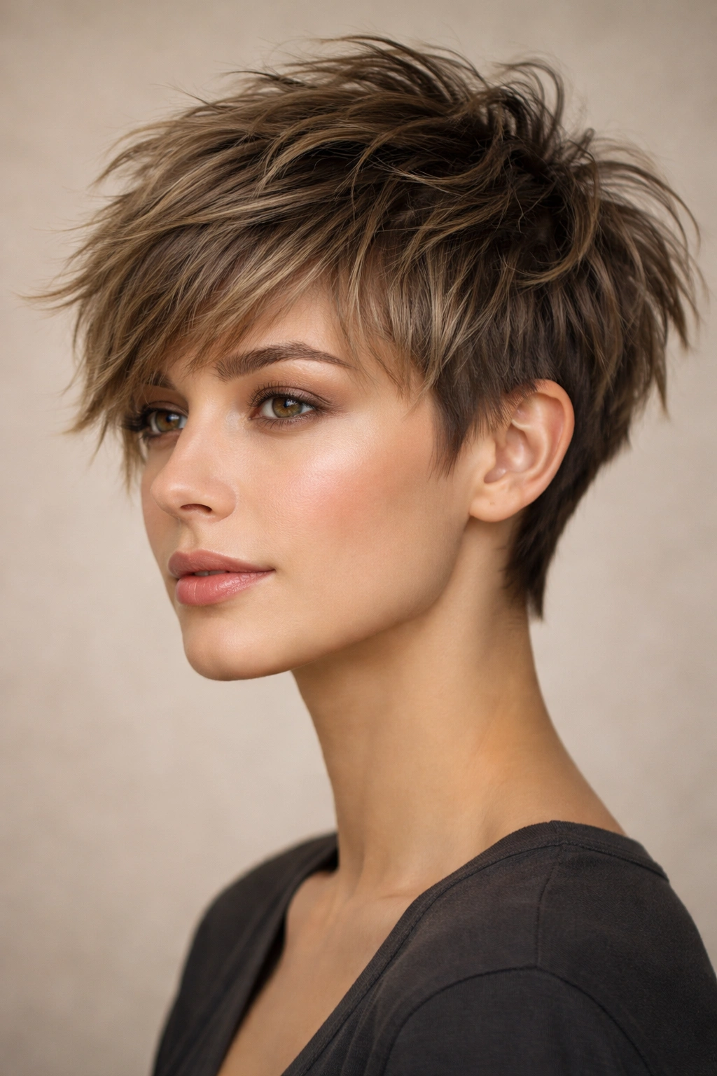 Portrait of pixie shag with 3-4 inch textured top and short sides