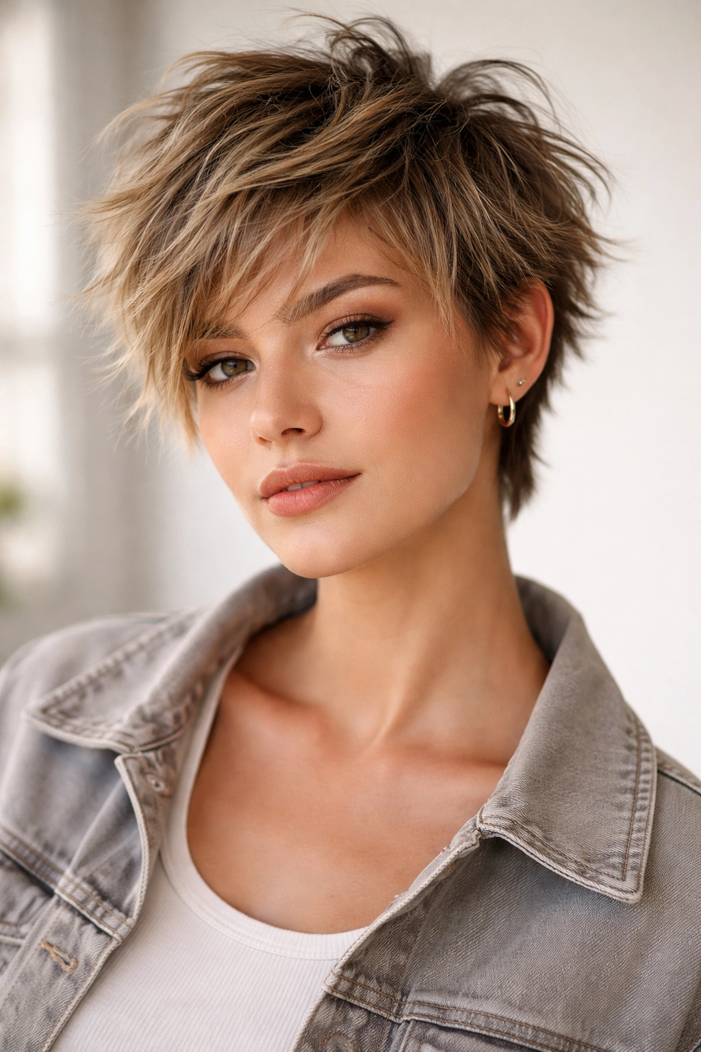 Texture-rich tousled pixie shag with choppy layers and a casual, lived-in look.