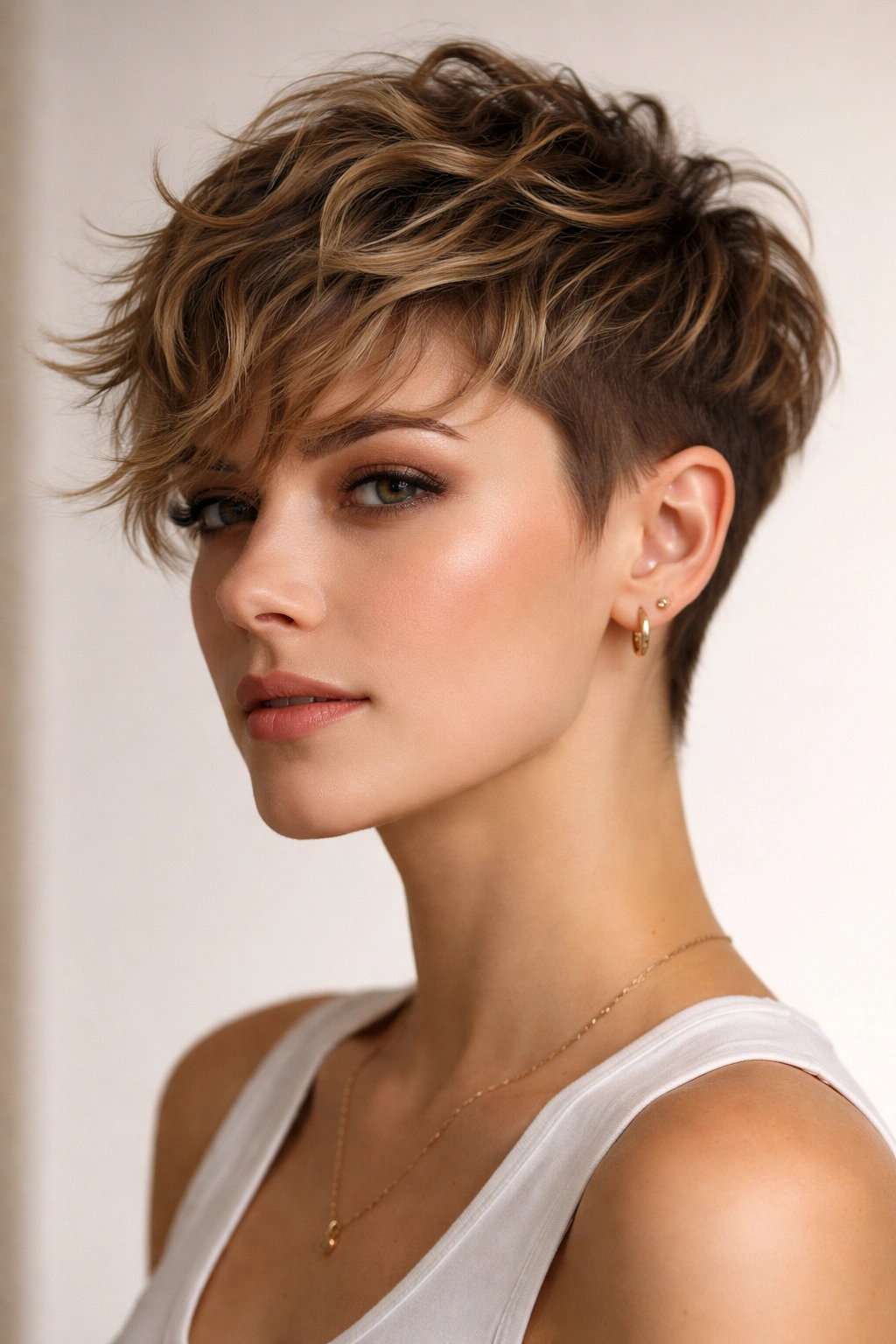 Pixie-shag hybrid with short sides and longer top waves, high contrast.