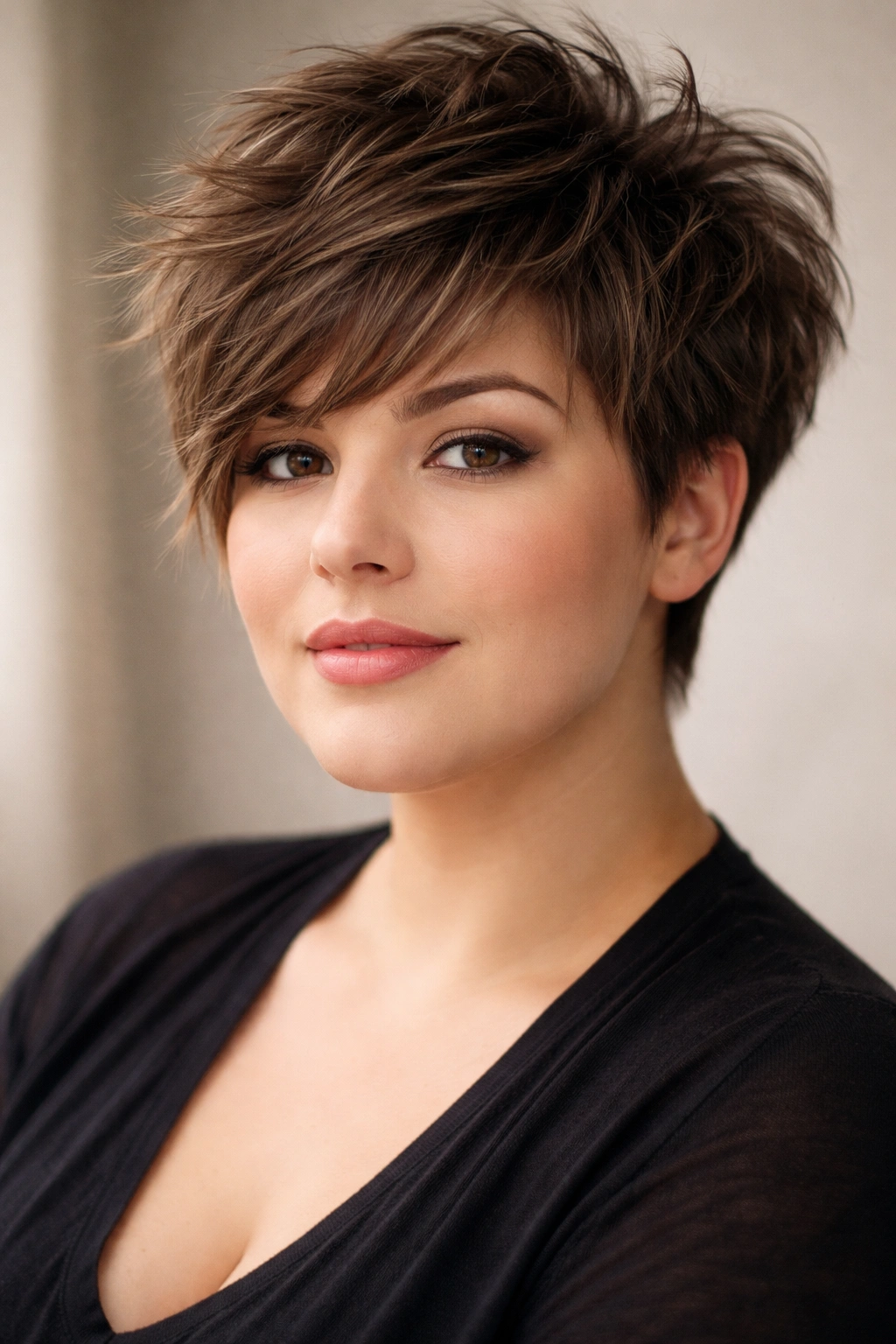Shaggy textured pixie cut with top volume and short sides