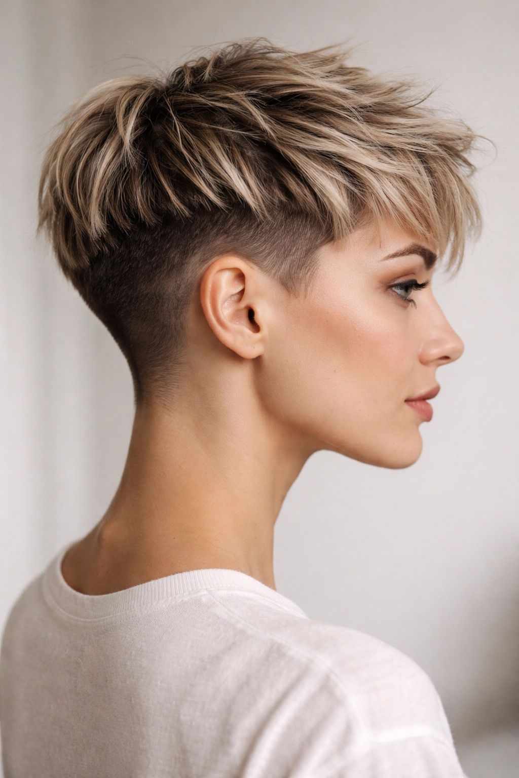 Profile view of a short pixie with shaved undercut
