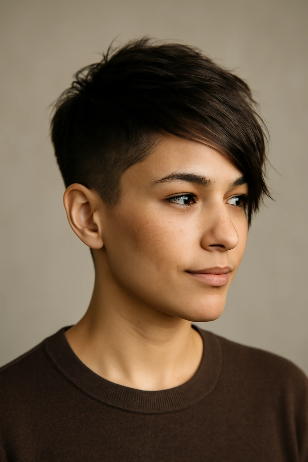 Pixie with back and sides short and a longer side swept across the face.