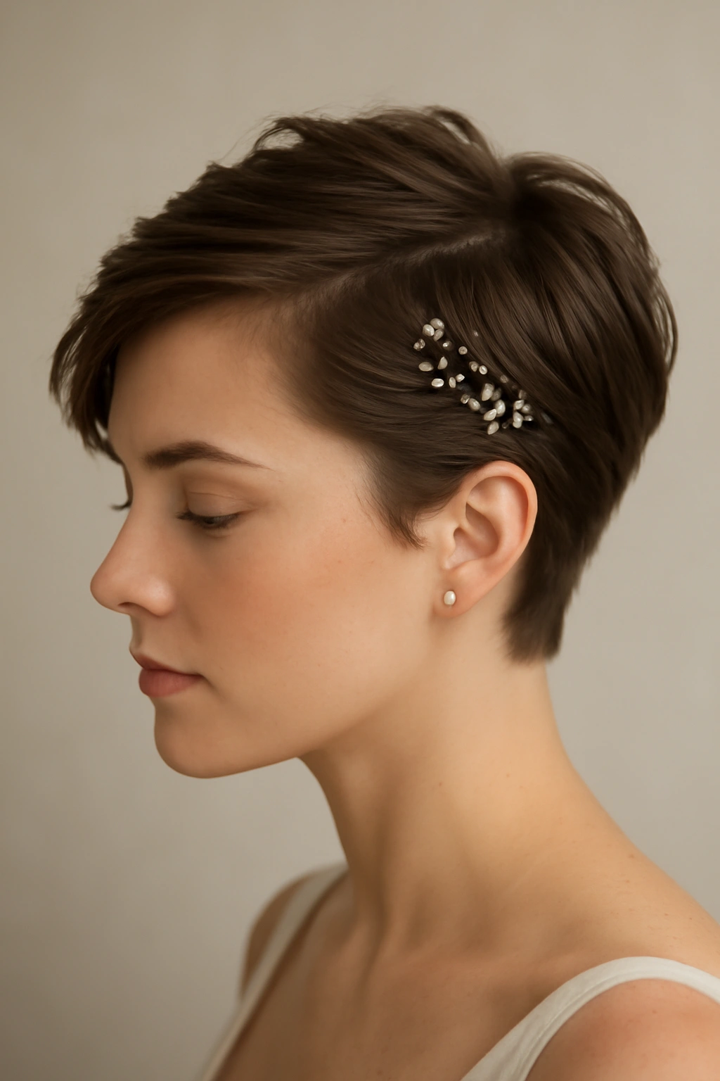 Pixie haircut with side sweep and decorative pins