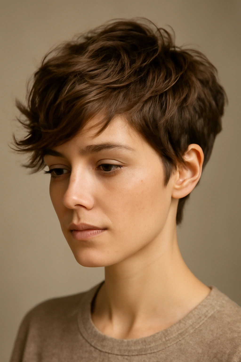 Close-up of The Tousled Textured Pixie with Side Sweep showing side-swept longer pieces and textured back