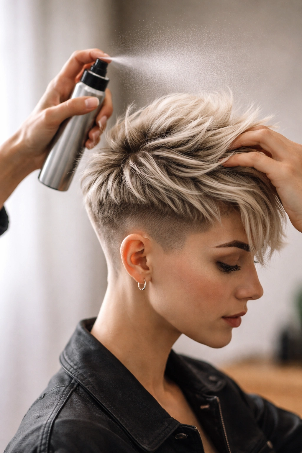 Hands applying texture spray on pixie hairstyle in a studio