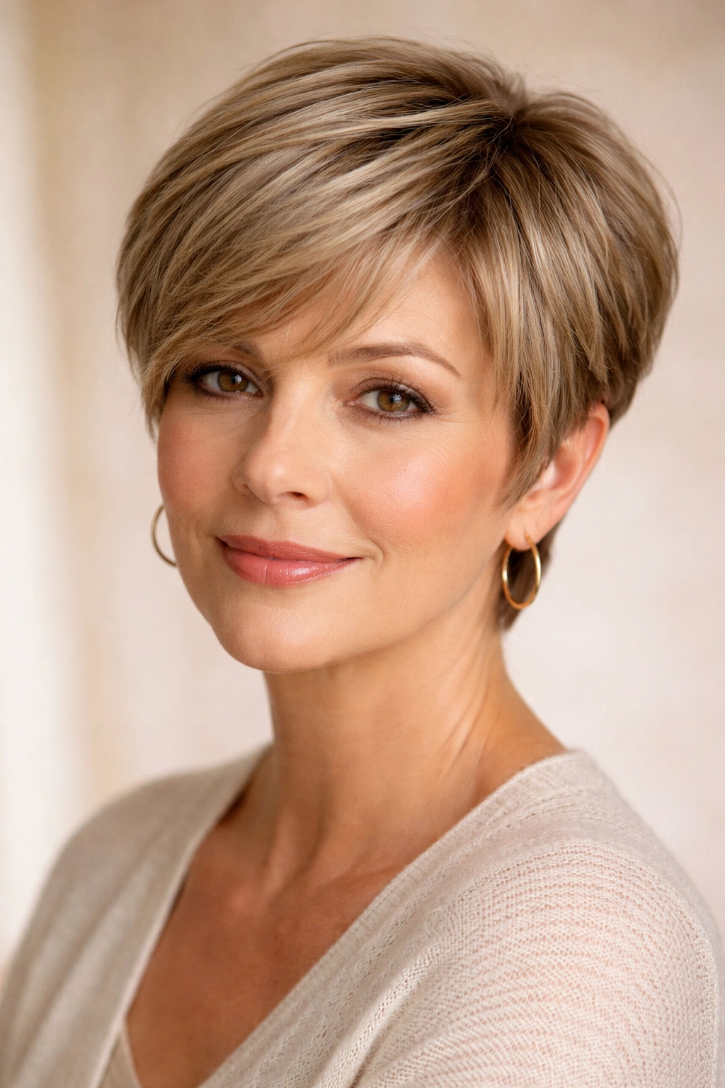 Close-up of a soft pixie with swept bangs on a round-faced model over 50
