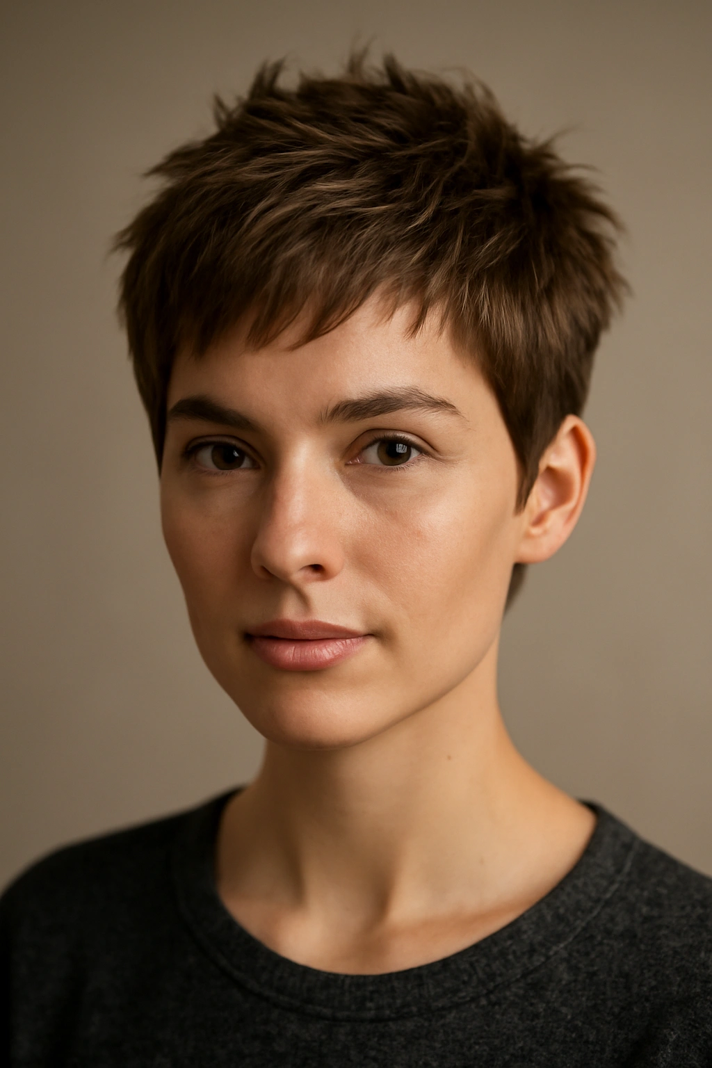 Close-up of a short, textured pixie cut with defined layers