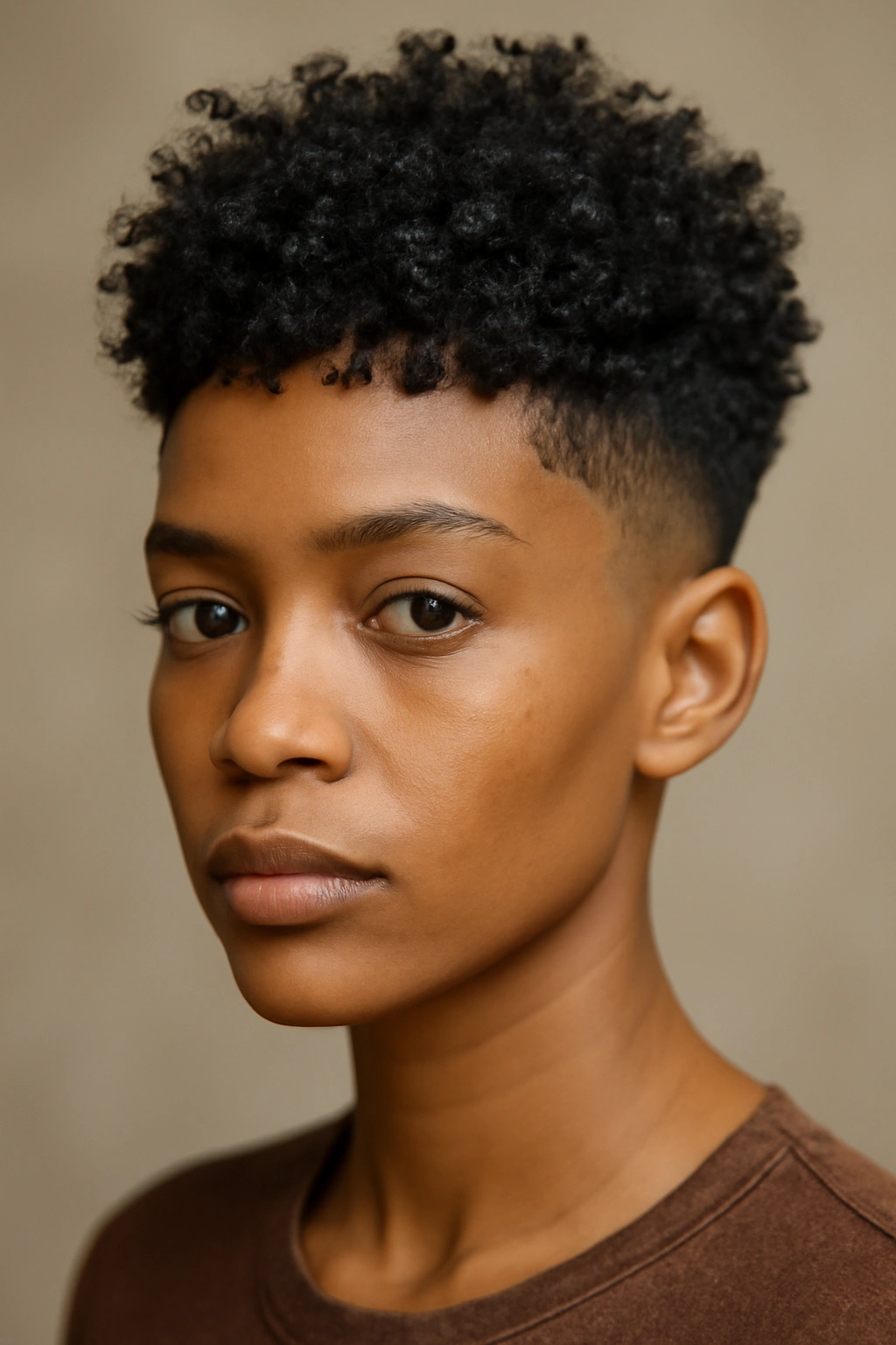 Close-up of a Black woman with a blunt pixie and textured top