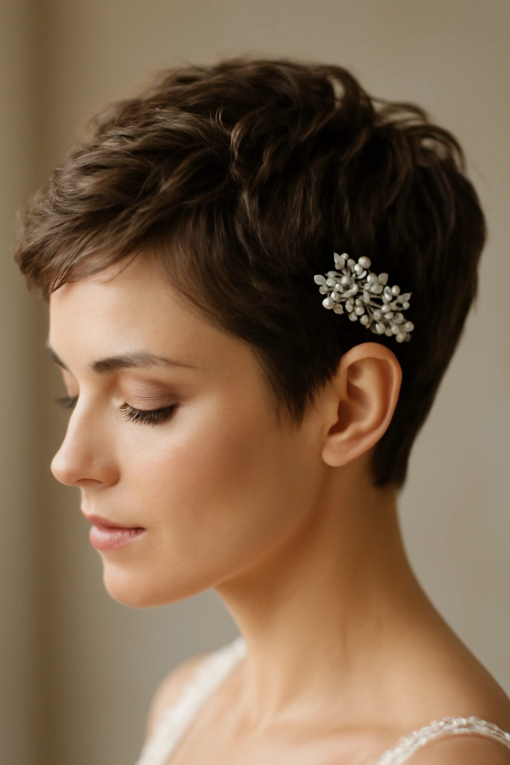 Close-up of textured pixie cut with decorative crystal comb