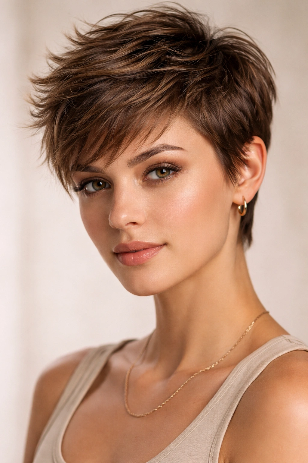Close-up portrait of a person with a grown-out pixie cut showcasing texture and pomade shine