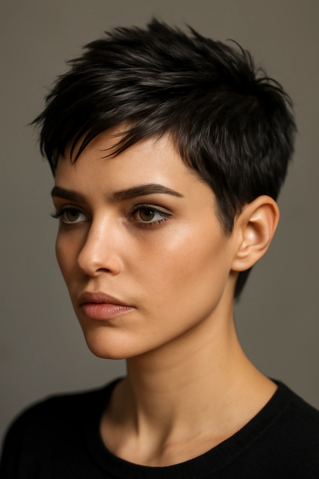 Close-up of a short textured pixie with defined separated pieces.