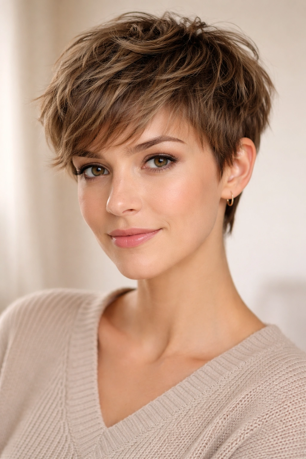 Close-up of a textured pixie cut with choppy layers