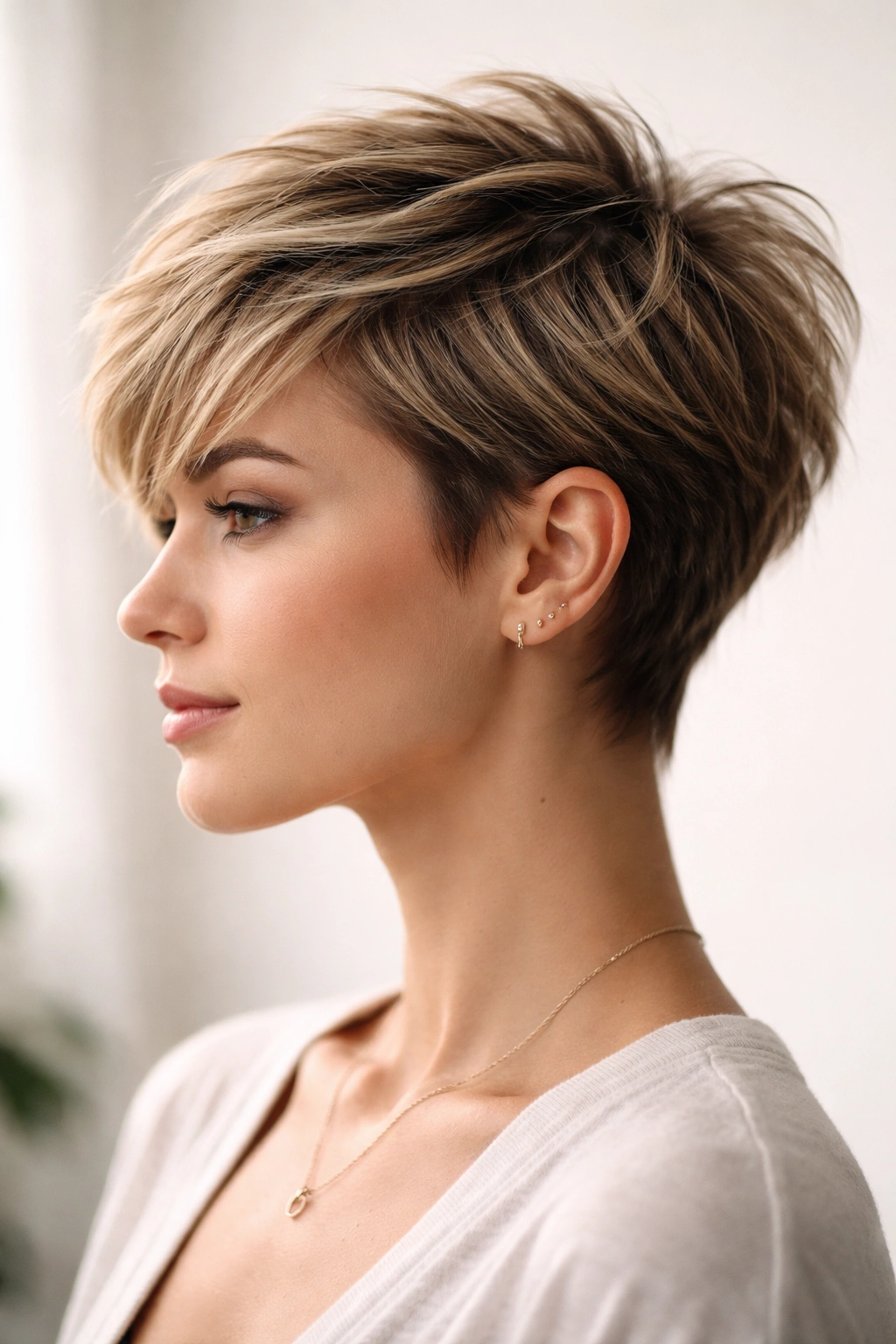 Profile of a model wearing a textured pixie cut with varied lengths and volume