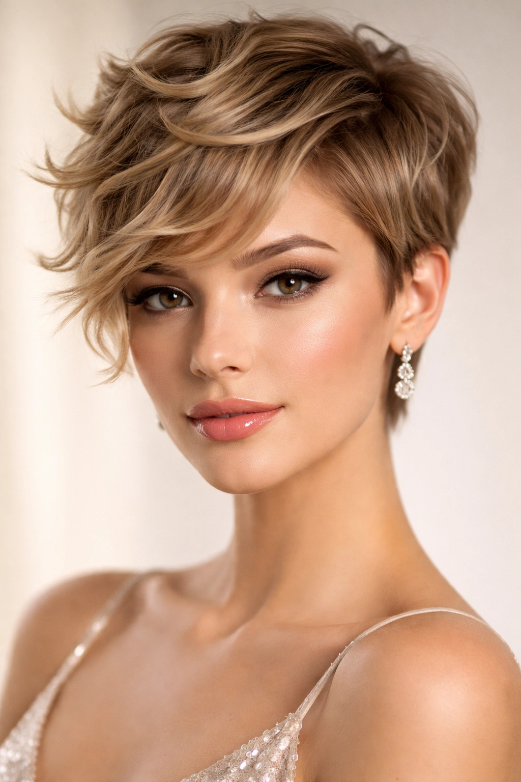 Close-up of a textured pixie with face-framing waves highlighting cheekbone framing and light reflection