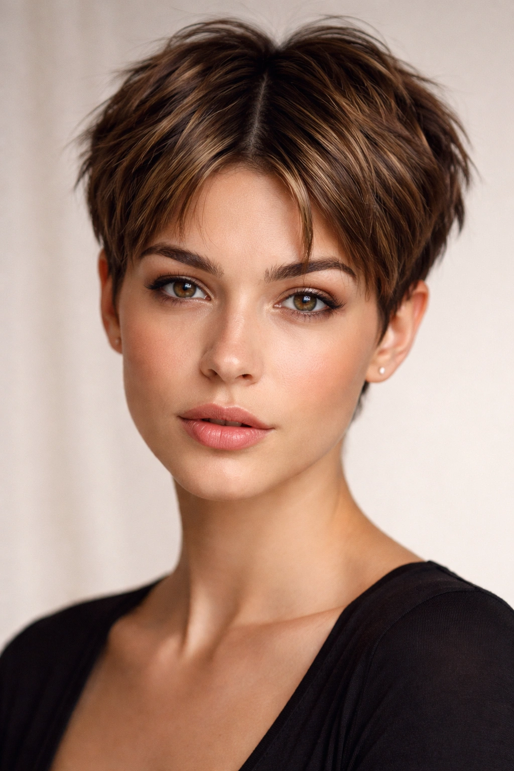 Close-up portrait of a person with a textured pixie cut and center part