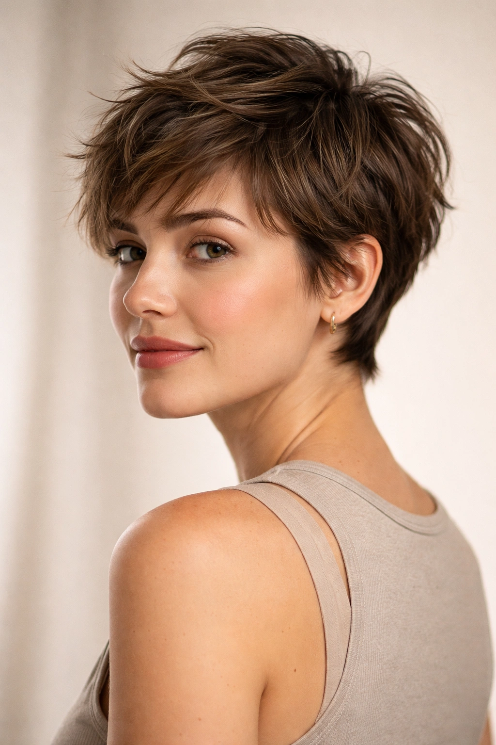 Portrait of textured pixie cut showing transition-friendly silhouette