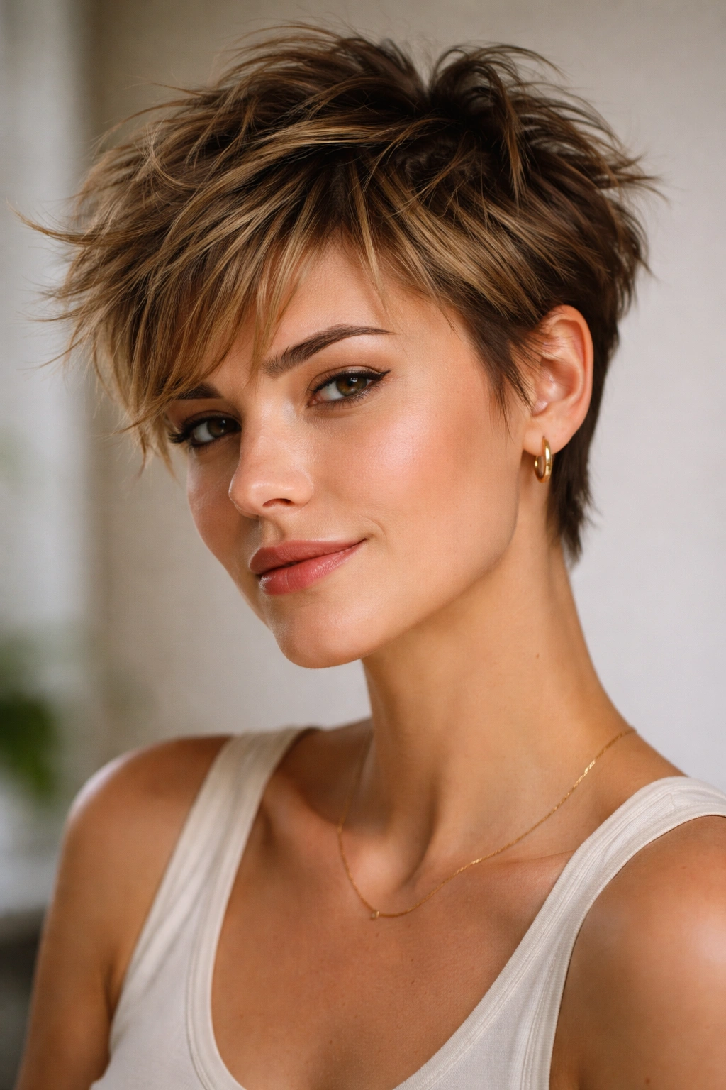 Close-up of tousled textured pixie hairstyle with choppy layers