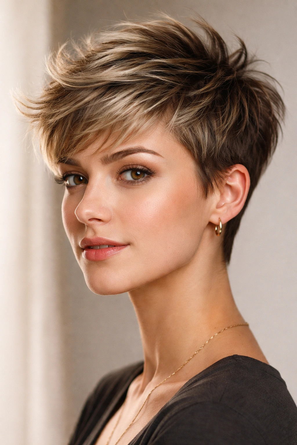 Close-up portrait of a person with a textured pixie cut showing crown height and tousled top
