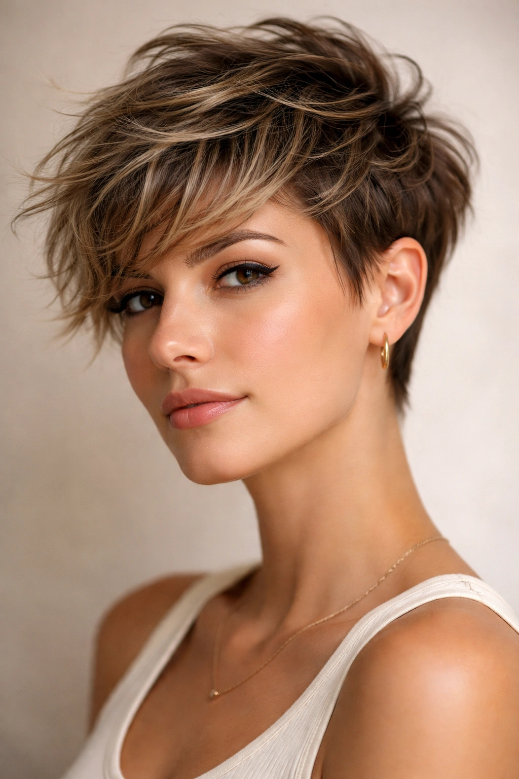 Portrait of textured long pixie with tousled layers and short sides.