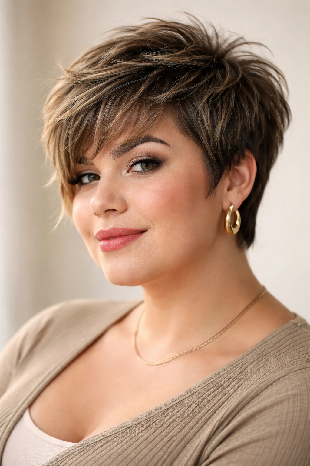 Close-up portrait of a model with a textured pixie featuring longer sides and jawline-framing layers.