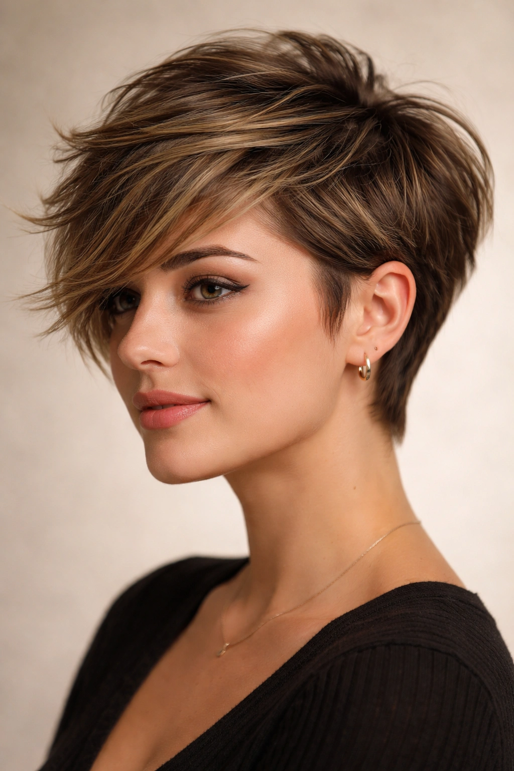 Portrait of a person with a textured side-swept pixie showing diagonal sweep