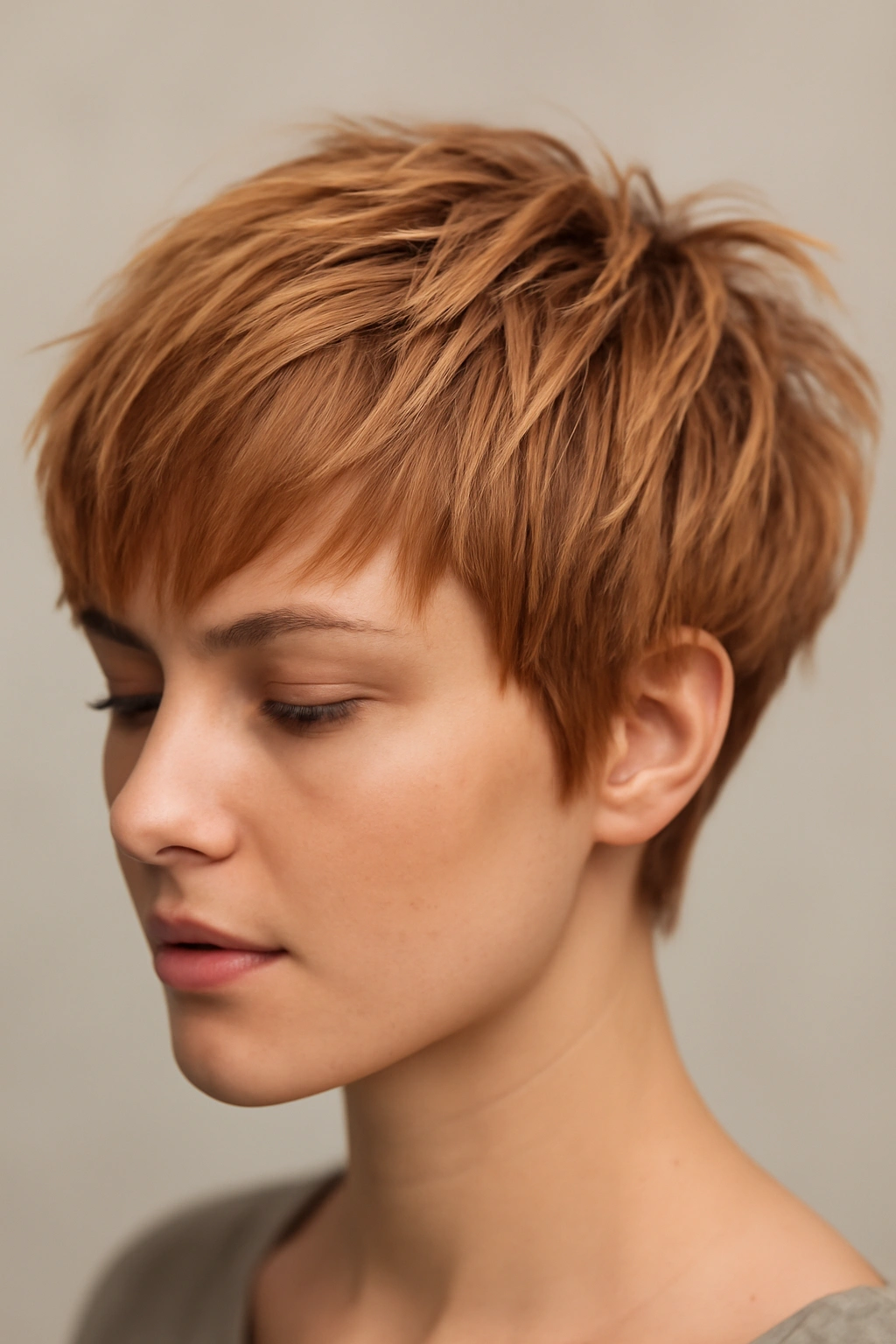 Close-up of textured pixie cut with choppy layers in strawberry blonde
