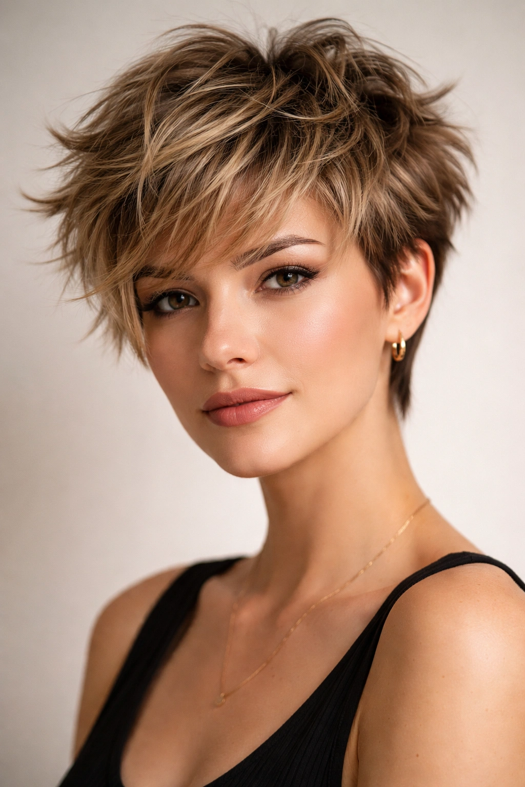 Full head shot of tousled textured pixie with deep layers