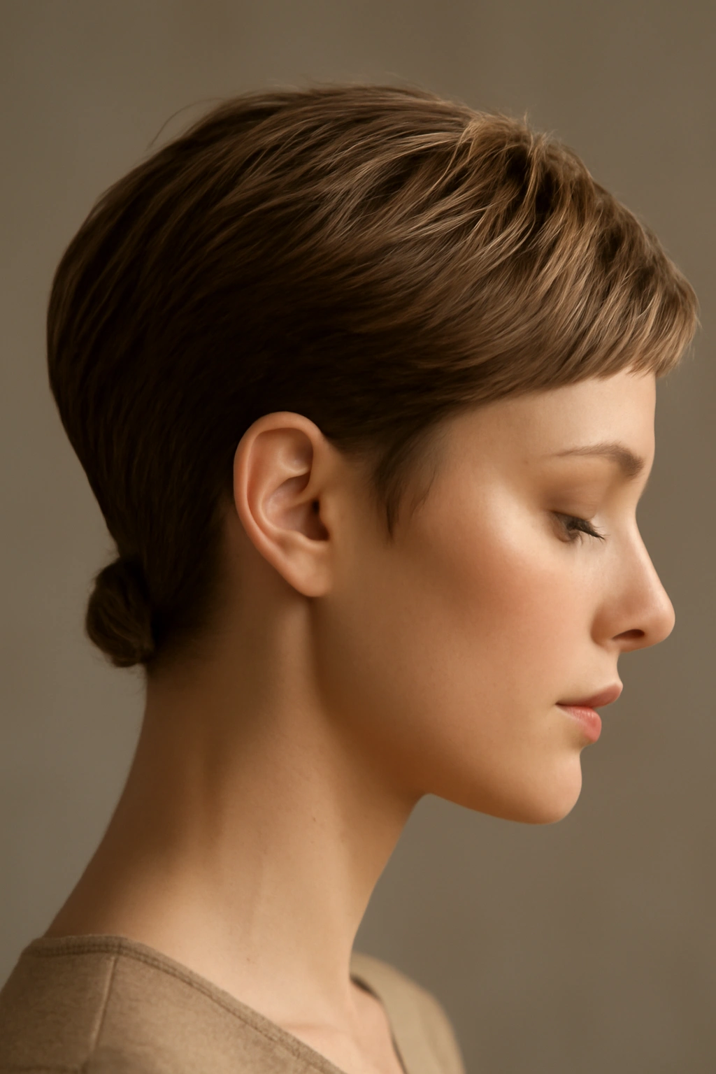 Close-up of a pixie cut with a single polished twist at the back