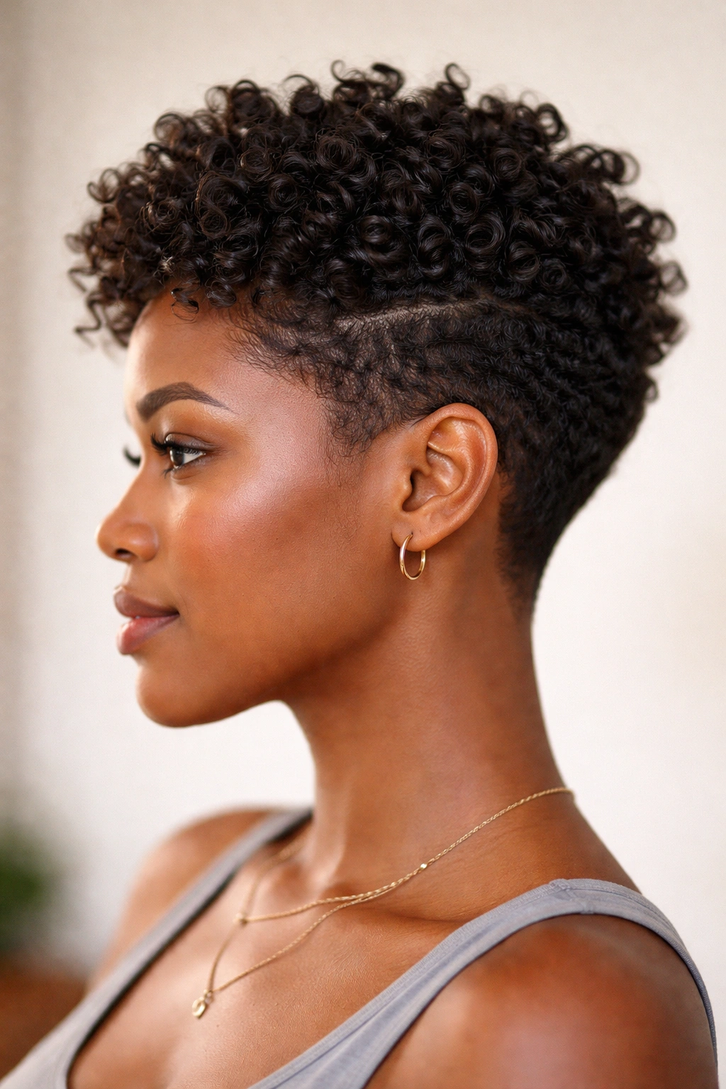 Profile view of a pixie cut with tapered sides and longer crown showing twist-out texture